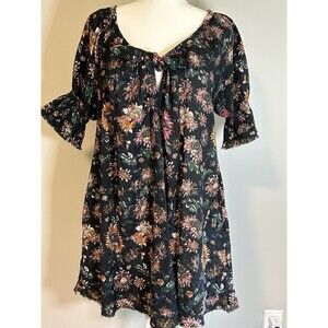 Natural Life Black Floral Mini Dress w/ Bow Tie Neck Side Pockets Puff Sleeves M